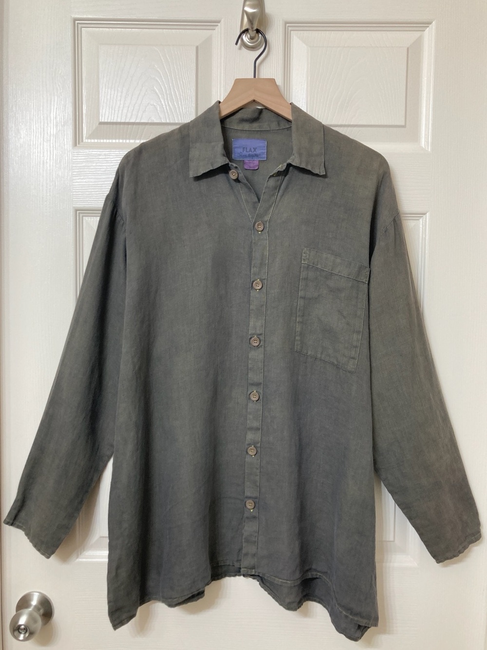 Flax Women's 100% Linen Gray Long Sleeve Button Down Shirt Size Large Lagenlook